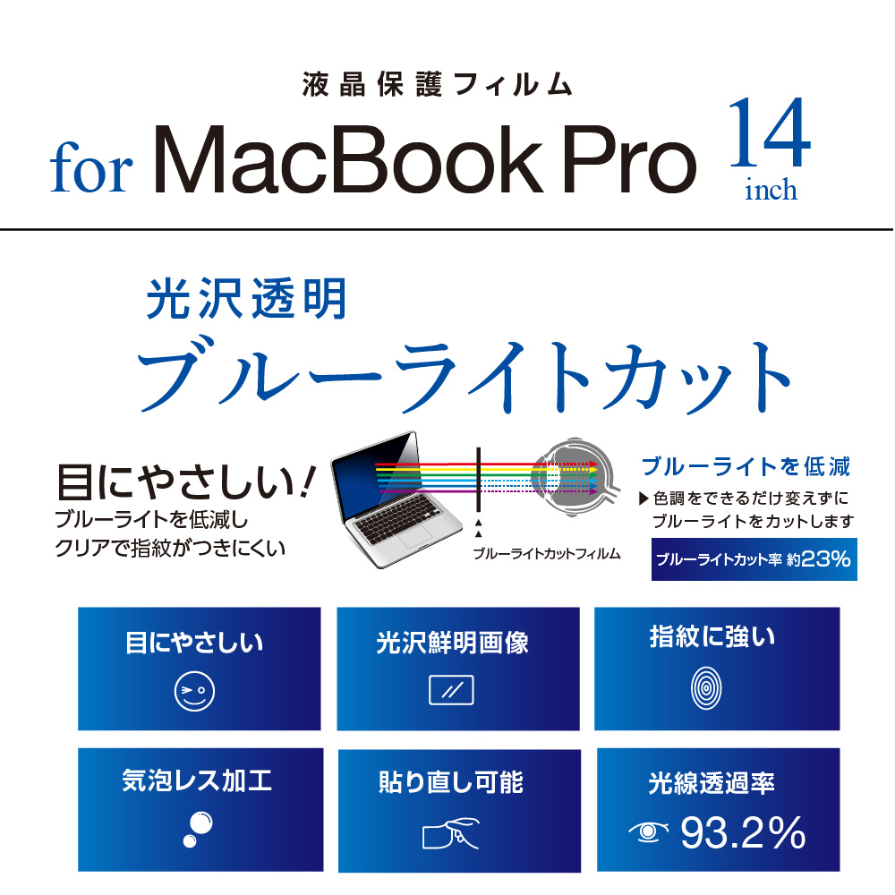 MacBook Pro 14インチ用液晶保護フィルム<BR>透明光沢ブルーライト 